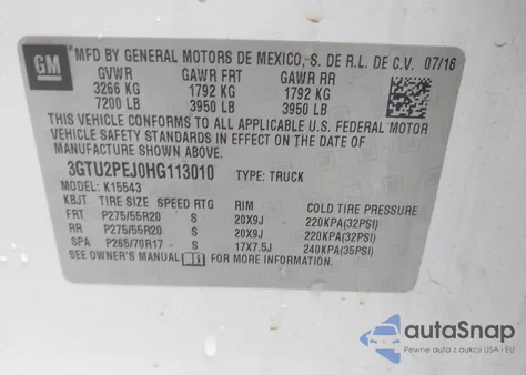 2017 GMC Sierra 1500 Denali z USA, uszkodzony, nr VIN 3GTU2PEJ0HG113010